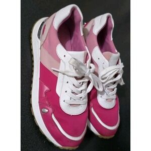 Michael Kors MK Monroe Trainer Sneakers Women 8 Leather Electric Pink‎ Shoes EUC